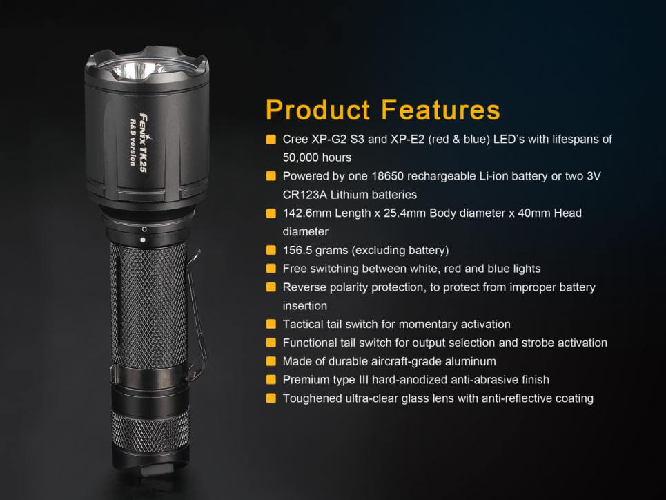 Fenix TK25RB Multi-Color Tactical LED Flashlight Features